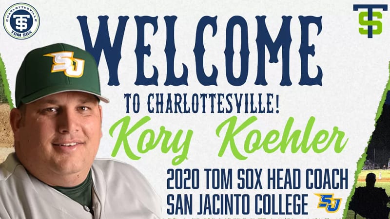 Graphic with a headshot of Kory Koehler and text saying "Welcome to Charlottesville Kory Koehler. 2020 Tom Sox Head Coach. San Jacinto College"