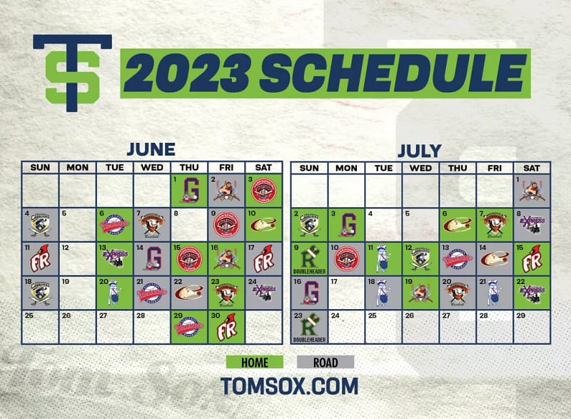 Tom Sox 2023 schedule with dates and a link to tomsox.com