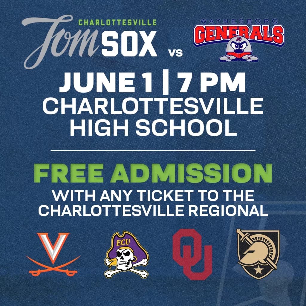 Tom Sox vs Generals - June 1, 7 PM at Charlottesville High School Free admission with any ticket to the Charlottesville Regional